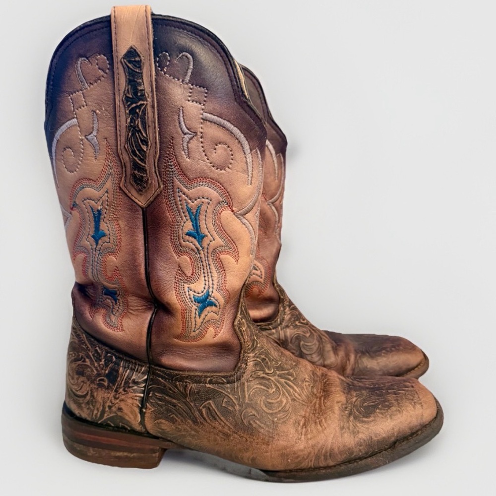 Texas Town Genuine Leather Western Boots Brown Embroidered Inlay Men’s Size 10.5